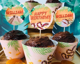 Indiana Jones Cupcake Toppers & Wrappers, Jungle Adventure Party (EDITABLE Printable)