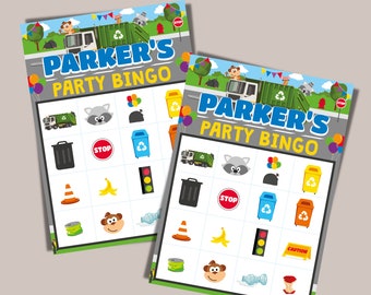 May include: Two green and yellow party bingo cards with the name "Parker's Party Bingo" at the top. The cards feature images of a garbage truck, raccoon, trash can, stop sign, traffic light, banana, cone, can, monkey, water bottle, and recycling bins.