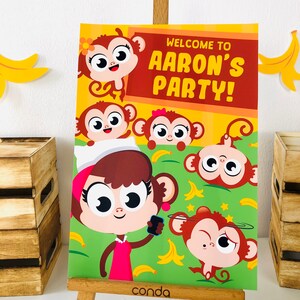 May include: A yellow and orange welcome sign with the text "Welcome to Aaron's Party!" surrounded by cartoon monkeys. The monkeys are brown, white, and pink with big eyes and smiles. There are bananas and stars on the background.