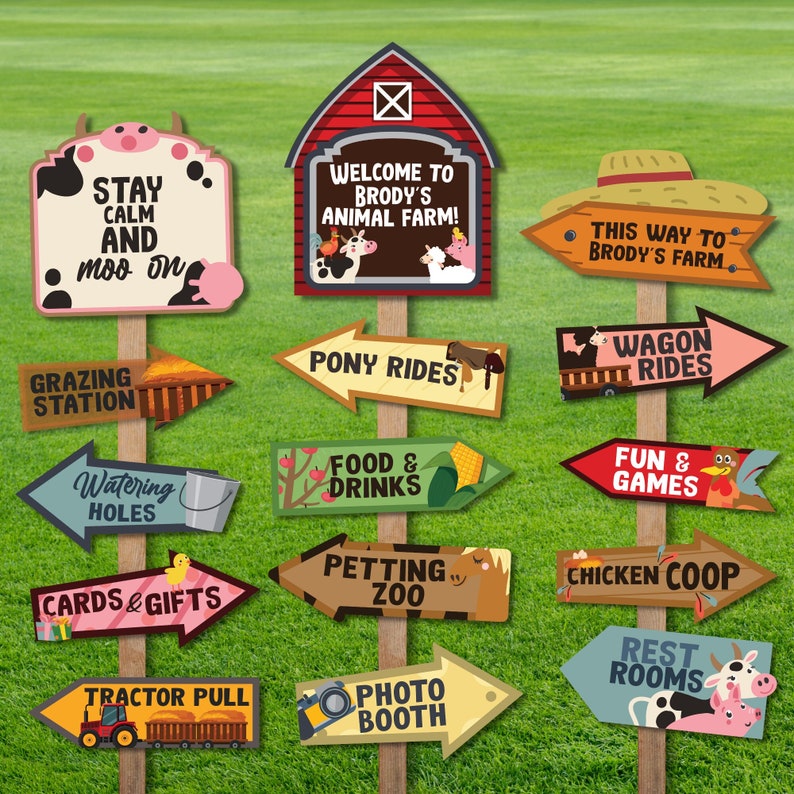 Old MacDonald Farm Party Directional Signs/ Animal Farm Barnyard Birthday Party Decorations Party Signs