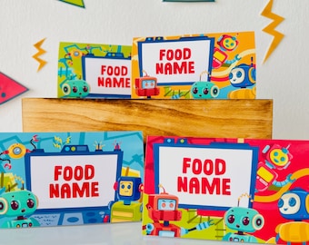 May include: Four printable food labels featuring a robot theme. Each label has a blue and red background with a cartoon robot and the text "FOOD NAME" in a white box.