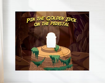 Op de afbeelding: Een bruin en groen jungle-thema spelbord met de tekst "Pin the Golden Idol on the Pedestal". Het spelbord heeft een voetstuk met een lege ruimte voor een gouden idool.