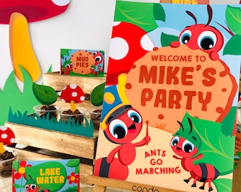 May include: A welcome sign for a birthday party with an ant theme. The sign is decorated with red and green ants, a mushroom, and a cookie. The text on the sign reads "Welcome to Mike's Party".