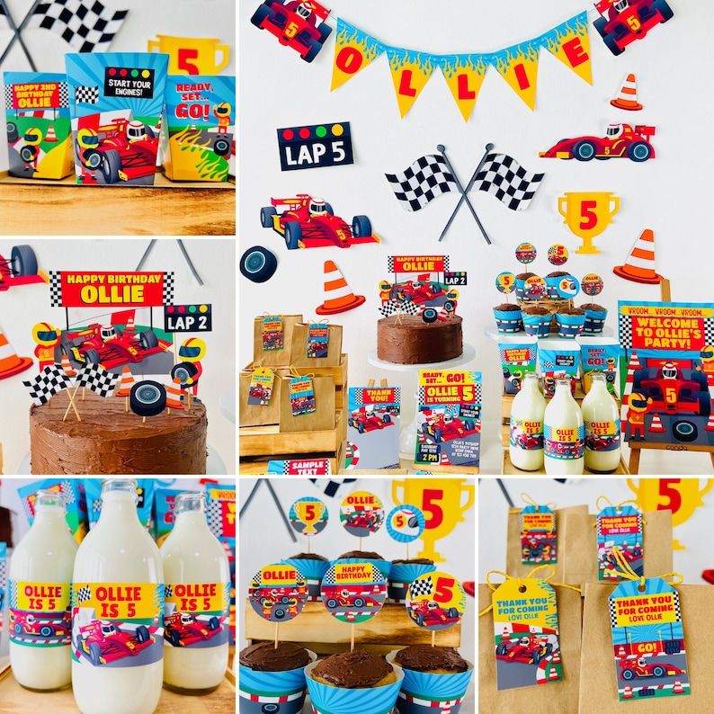 Puede incluir: Una decoraci&oacute;n de fiesta de cumplea&ntilde;os con tem&aacute;tica de coche de carreras rojo. Las decoraciones incluyen una pancarta con el nombre "Ollie", banderas a cuadros, un trofeo y un pastel con un adorno de coche de carreras. Tambi&eacute;n hay cupcakes con adornos de coche de carreras y botellas de leche con etiquetas que dicen "Ollie tiene 5 a&ntilde;os".