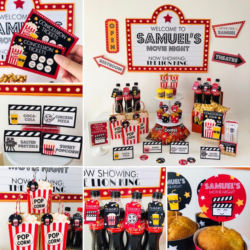 Movie Night Party Decor Kit with Hollywood movie theater theme, concession stand signs, movie ticket invitation and retro theatre lights printable bundle