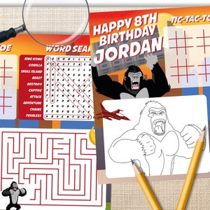 King Kong Coloring Activity Place Mat, Planet of the Apes Party Game, Party Activity for kids, Gorilla Birthday Coloring Page, Jungle Party Coloring Sheet, Word Search, Kids Coloring, Tic Tac Toe, Maze