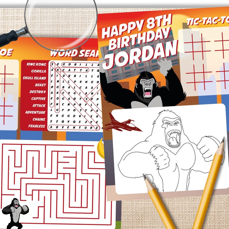 King Kong Coloring Activity Place Mat, Planet of the Apes Party Game, Party Activity for kids, Gorilla Birthday Coloring Page, Jungle Party Coloring Sheet, Word Search, Kids Coloring, Tic Tac Toe, Maze