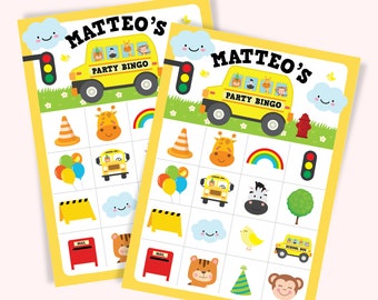 May include: Two yellow and black school bus themed bingo cards with the name Matteo's at the top. The cards feature images of a giraffe, zebra, monkey, tiger, traffic light, school bus, cone, rainbow, balloons, mailbox, and a yellow chick.