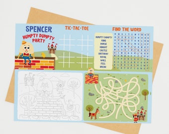 Peut inclure: Une feuille d'activités imprimable pour une fête d'anniversaire d'enfant sur le thème de Humpty Dumpty. La feuille comprend un jeu de tic-tac-toe, une recherche de mots et un labyrinthe. La feuille est décorée d'illustrations colorées de Humpty Dumpty, d'un château, d'un cheval et d'un chevalier.
