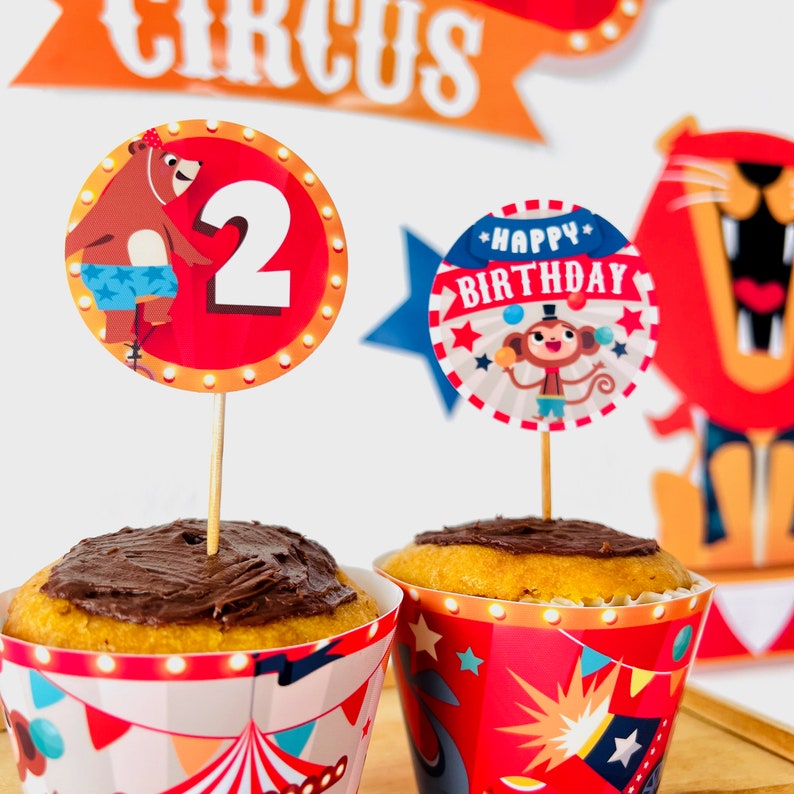 Circus Animals Party Cupcake Toppers Printable | Birthday Carnival Big Top Party Dessert Toppers, Greatest Magic Show Cake Toppers, Greatest Showman Party Decoration
