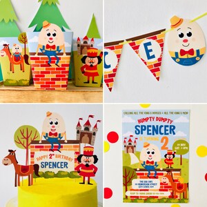 May include: A Humpty Dumpty themed birthday party invitation with a cartoon illustration of Humpty Dumpty sitting on a wall. The invitation includes the text "Humpty Dumpty Spencer is turning 2" and the date and time of the party. The invitation is decorated with a red brick wall, a yellow horse, and a red and yellow castle.