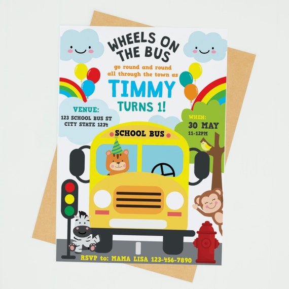 Wheels on the Bus Birthday Party Invitation/ Yellow School Bus Birthday