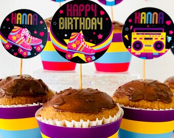 Retro Roller Skating Cupcake Toppers, 90s Disco Party (EDITABLE Printable)