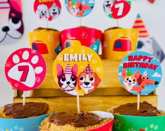 Puppy Dog Birthday Cupcake Toppers, Editable Party Decoration (Printable)