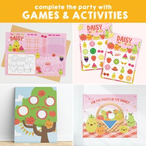 May include: A set of printable party games featuring a fruit theme. The games include a word search, tic-tac-toe, bingo, pin the fruit on the basket, and toss the apples. The games are designed for a Daisy-themed party.