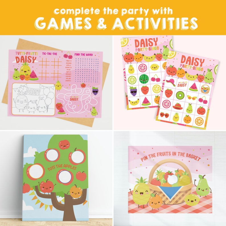 May include: A set of printable party games featuring a fruit theme. The games include a word search, tic-tac-toe, bingo, pin the fruit on the basket, and toss the apples. The games are designed for a Daisy-themed party.
