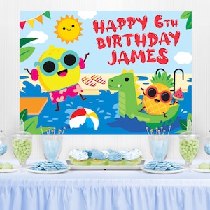 Summer Pool Birthday Backdrop/ Water Slide Beach Party Banner Backdrop