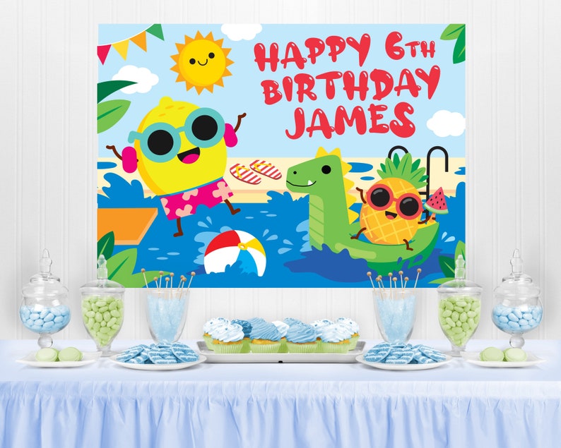 Summer Pool Birthday Backdrop/ Water Slide Beach Party Banner Backdrop