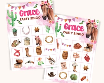 Può includere: Due schede di bingo stampabili rosa e bianche con il nome "Grace" e le parole "Party Bingo". Le schede presentano immagini di un cactus, un ferro di cavallo, una stella, un cappello da cowboy, stivali, una botte, un lazo, una bandana, uno scrigno, un cartello e altro ancora.