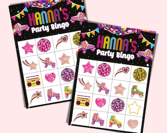 May include: Two black and white bingo cards with a disco theme. The cards feature a variety of images including roller skates, stars, hearts, disco balls, and a boombox. The text on the cards reads "Hanna's Party Bingo".