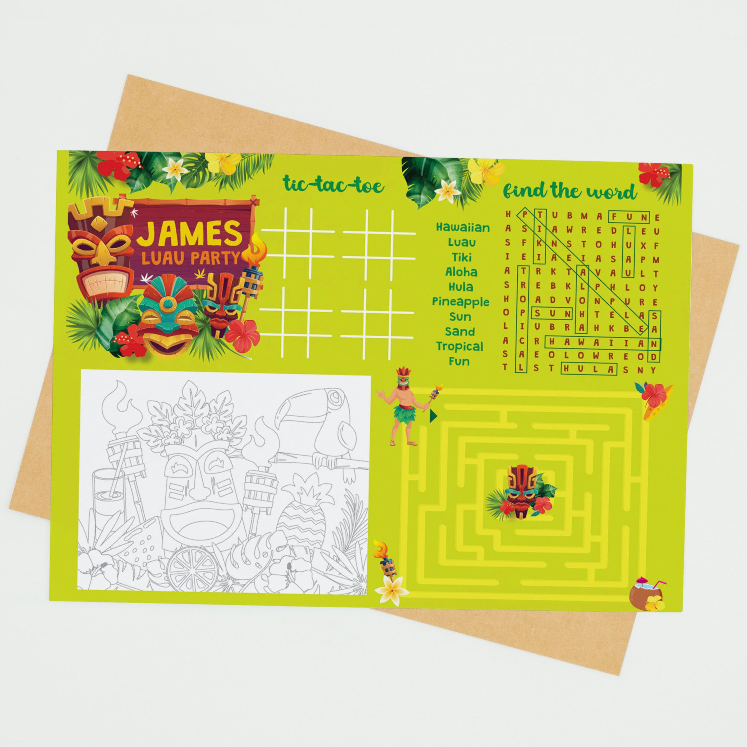Luau Party Game Coloring Playmat Gender Neutral/ Hawaiian Party Coloring Activity Sheet/ Summer Tropical Party Place Mat Printable