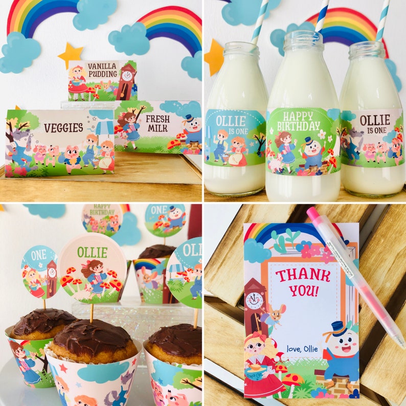 May include: A collection of party decorations featuring a whimsical storybook theme. Includes cupcake wrappers, toppers, milk bottles with labels, food labels, and a thank you card. The decorations feature illustrations of children, animals, and a rainbow.