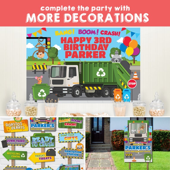 Set Di Decorazioni Per Festa A Tema Camion Della Spazzatura – Banner E Cupcake Topper Per Bambini