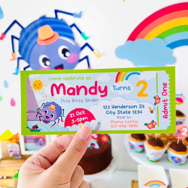 Itsy Bitsy Spider Party Ticket Invitation/ Incy Wincy Spider Birthday Invitation EDITABLE Printable