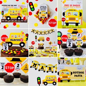 A birthday party theme set with a yellow school bus theme. The set includes invitation, banner, cupcake toppers, a cake topper, gift tag, food tent card and a party welcome sign that says "One is Sweet, Please Take a Treat!" The colours are yellow, red, and black.
