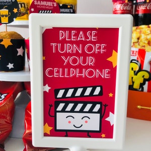 Turn Off Your Cellphone Sign and Gift Tags for Movie Night Party, funny Hollywood theater party signs and thank you tags