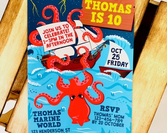 May include: A colourful invitation for a 10th birthday party with a nautical theme. The invitation features a red octopus attacking a pirate ship with a blue background and white stars. The text on the invitation reads "Thomas is 10" and "Join us to celebrate! 1-3pm in the afternoon". The date of the party is October 25th, Friday. The invitation also includes the location and RSVP information.