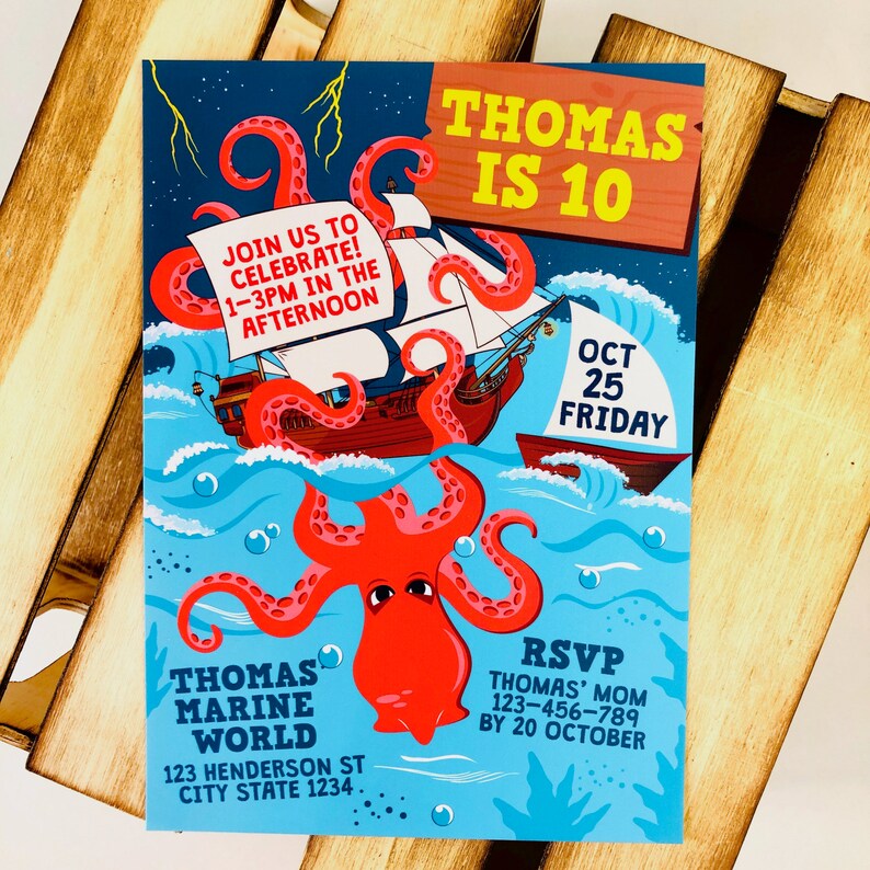 Kraken Birthday Party Octopus Pirates Party Invitation