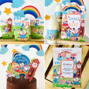 May include: A collection of party supplies with a nursery rhyme theme. Includes milk bottles with labels, treat boxes, a cake topper, and an invitation. The designs feature illustrations of Humpty Dumpty, Little Bo-Peep, and other characters.