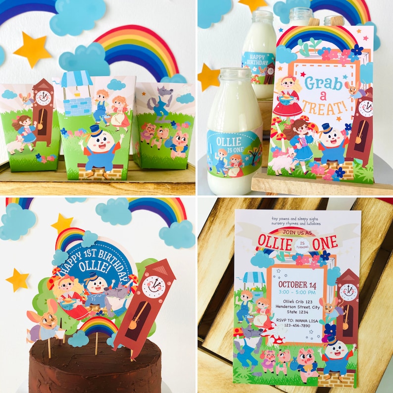 May include: A collection of party supplies with a nursery rhyme theme. Includes milk bottles with labels, treat boxes, a cake topper, and an invitation. The designs feature illustrations of Humpty Dumpty, Little Bo-Peep, and other characters.