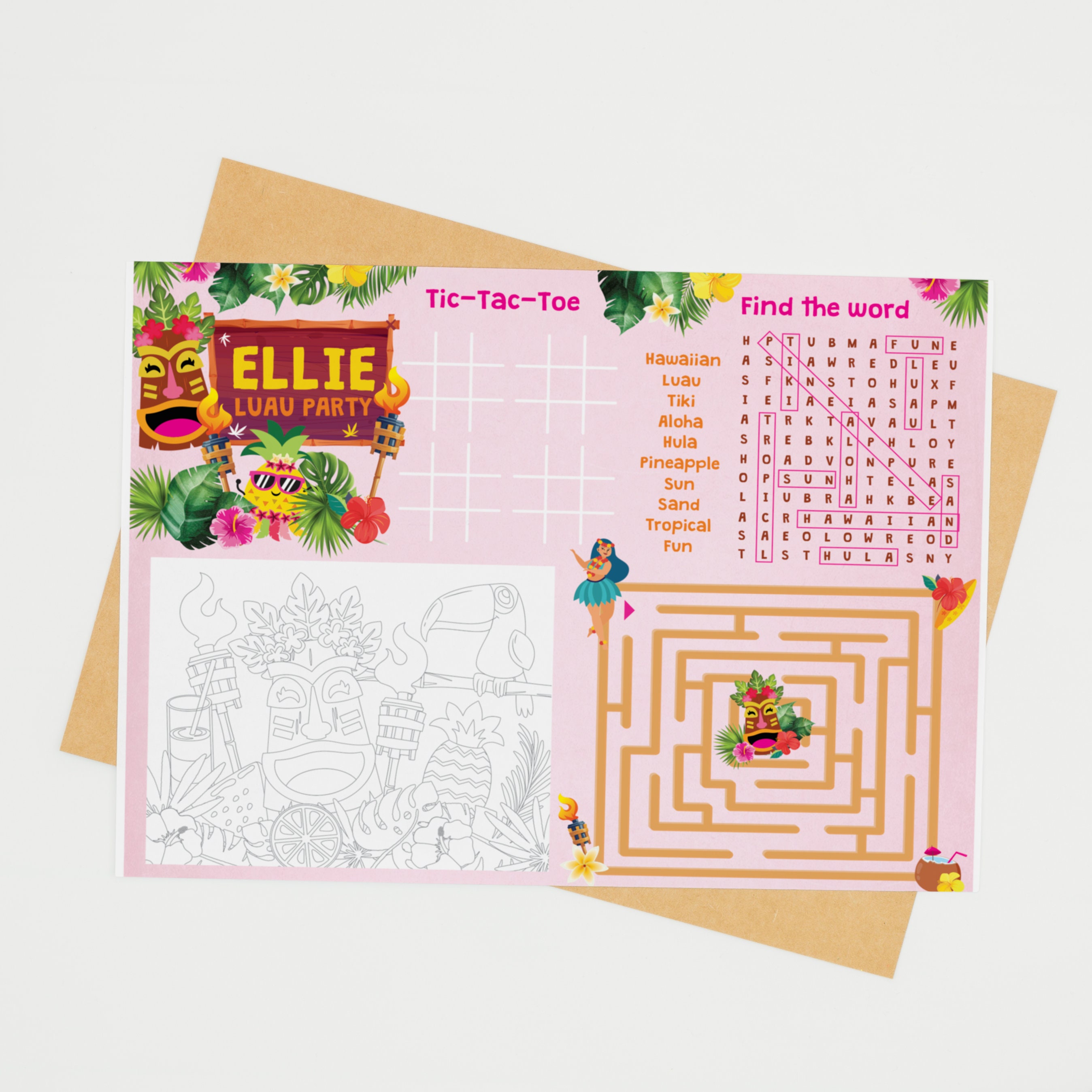 Luau Party Games/ Hawaiian Party Coloring Activity Sheet/ Summer Tropical Party Coloring Place Mat Printable