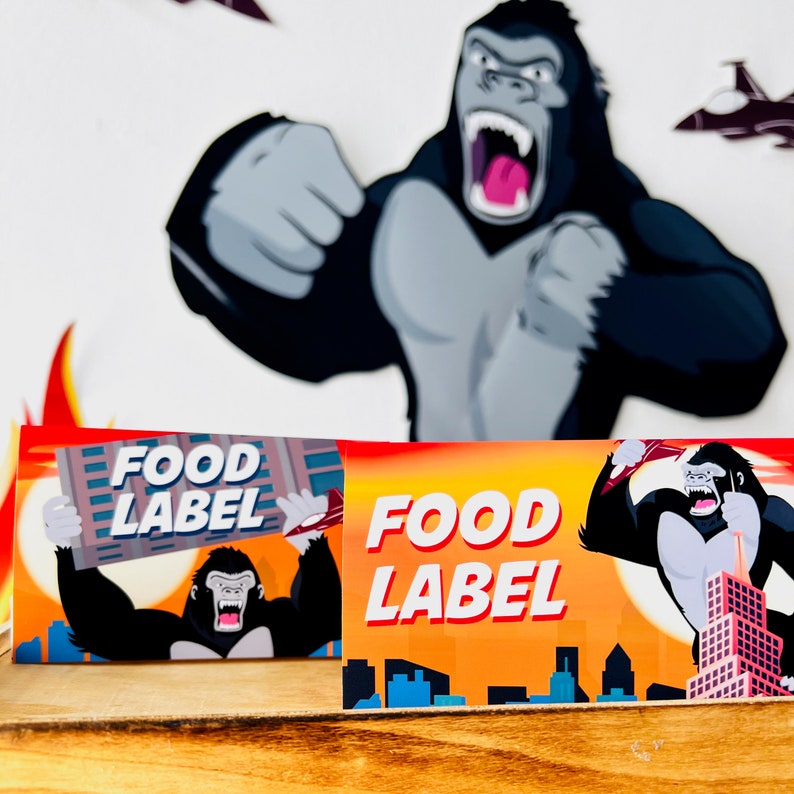 King Kong Party, Planet of the Apes Party, Kong Skull Island Party, Legend of Tarzan, Rampage Movie Party, Black Gorilla Themed Birthday Party Decorations, Kingdom of the Apes | King Kong Party Food Labels, Planet of Apes Food Tent Cards