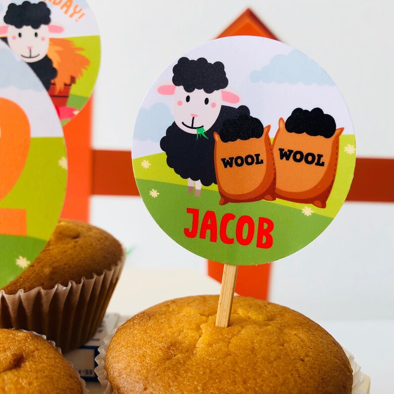 Puede incluir: Un adorno redondo para pastel de cumplea&ntilde;os verde y blanco con una oveja negra, dos bolsas marrones etiquetadas con "WOOL" y el nombre "JACOB" en letras rojas.