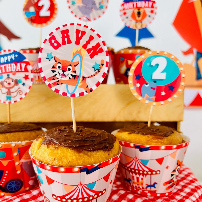 Circus Animals Party Cupcake Toppers Printable | Birthday Carnival Big Top Party Dessert Toppers, Greatest Magic Show Cake Toppers, Greatest Showman Party Decoration