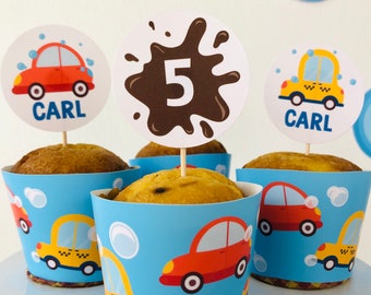 Car Wash Birthday Party Cupcake Topper & Wrappers (Editable Printable)