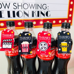 Movie Night Party Favor Tags with Thanks for Showing Up design, editable Hollywood drink tags for movie night party and cinema birthday favors