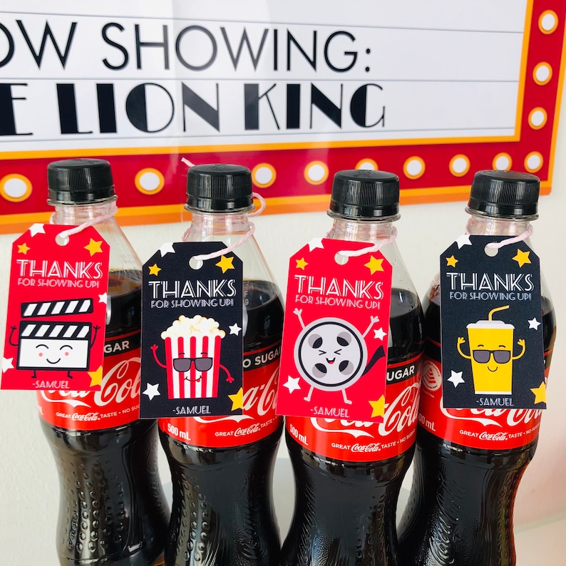 Movie Night Party Favor Tags with Thanks for Showing Up design, editable Hollywood drink tags for movie night party and cinema birthday favors