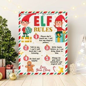 Puede incluir: Un póster colorido con el texto "ELF RULES" e ilustraciones de elfos. Las reglas están numeradas e incluyen frases como "Sé amable y servicial" y "Ama a tus elfos". El póster tiene un tema festivo.