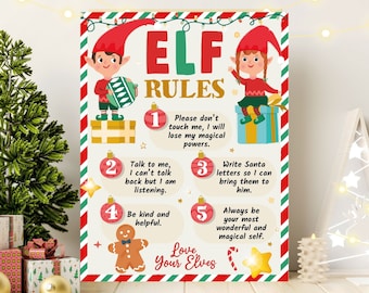 May include: A colorful poster with the text "ELF RULES" and illustrations of elves. The rules are numbered and include phrases like "Be kind and helpful" and "Love Your Elves." The poster has a festive, holiday theme.