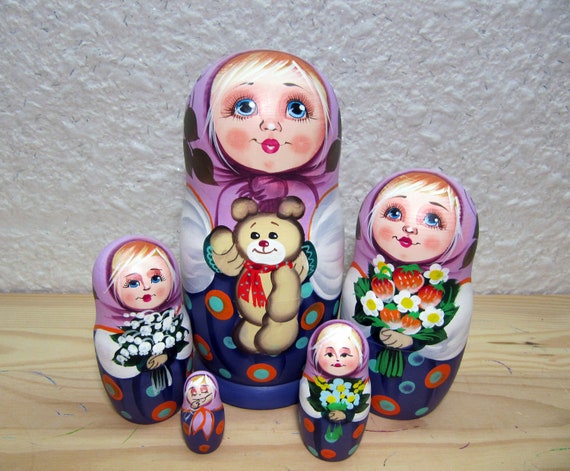 Matryoshka Russian Nesting Doll Wooden Babushka Beautiful Sunflowers 5 Pieces