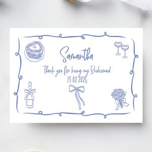 Gedruckte Brautjungfer Dankeskarte | Personalisierte Dankeskarte | Wunderliche Schleifen-Karte | Folierte Karte | Brautparty | Handgezeichnet