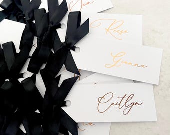 Foiled Wedding Place Card: Personalized Favor Tag with Ribbon