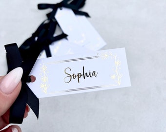 Personalized Gold Foiled Wedding Place Card with Ribbon
