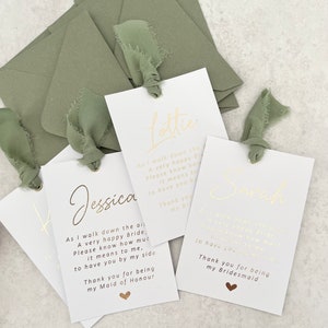 Thank you bridesmaid card, bridesmaid gift, sage green chiffon ribbon, gold foil, personalised