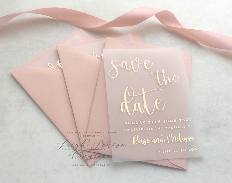 Foil vellum save the date, foil save the date tag, vellum invitation, foil wedding stationery, rose gold, gold, silver, copper 