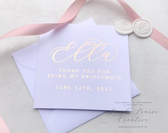 Personalised foil thank you for being my Bridesmaid 5x5 inch wedding card in rose gold, silver, gold or light pink foil